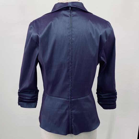 Tadashi Shoji Taffeta Twist Front Blouse Dramatic Wing Collar Slate Blue 14 - Picture 9 of 13